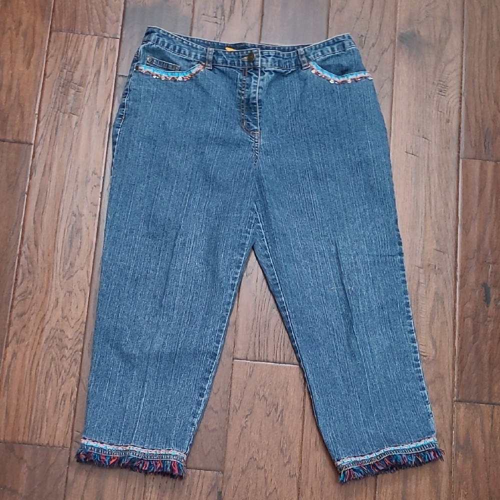 Ruby Rd Cropped Jeans with Fringe Trim & Sequin Trimmed Pockets size 10 PETITE